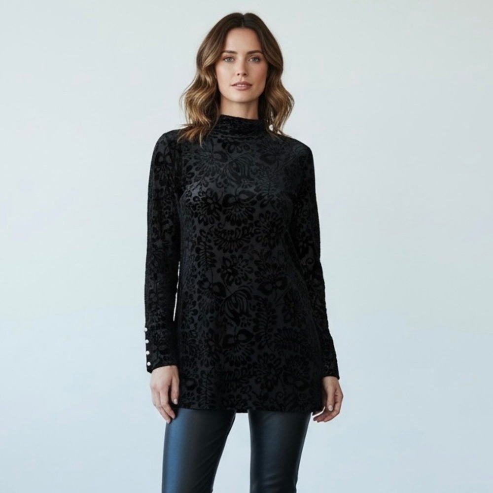 🌴 Soft Surroundings Black Floral Burnout Velvet Mock Neck Tunic Top Small 2FN13